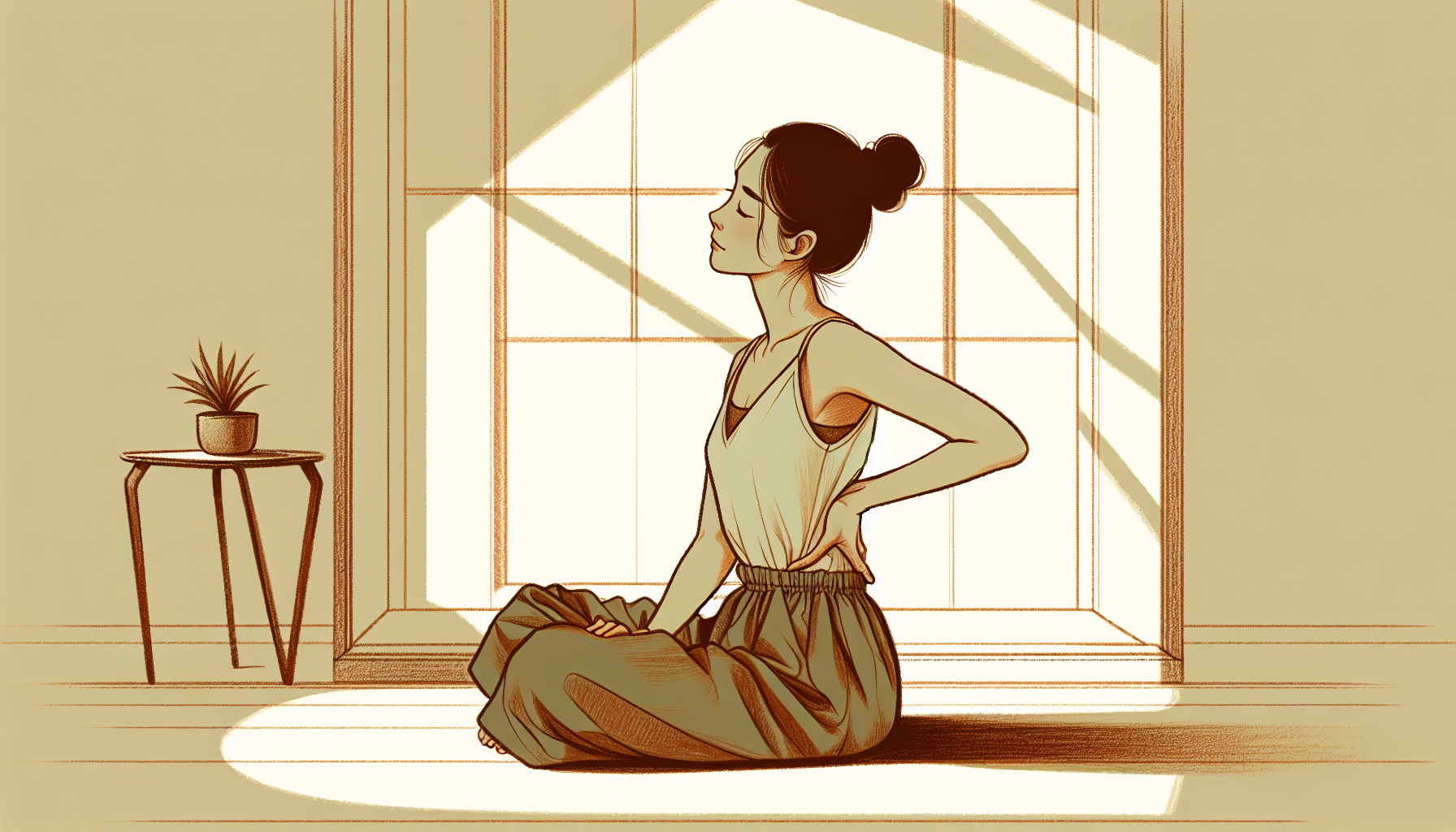 Person sitting calmly with one hand resting on lower back in a sunlit room