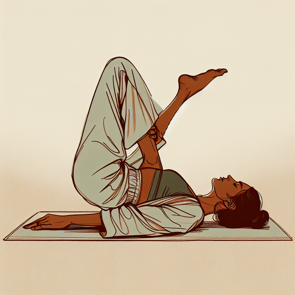 Person lying on back drawing right knee toward chest with both hands behind thigh