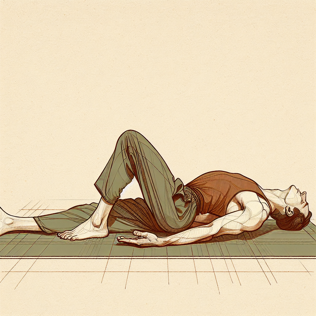Person lying on back with both knees dropped to right side, head turned left, shoulders flat
